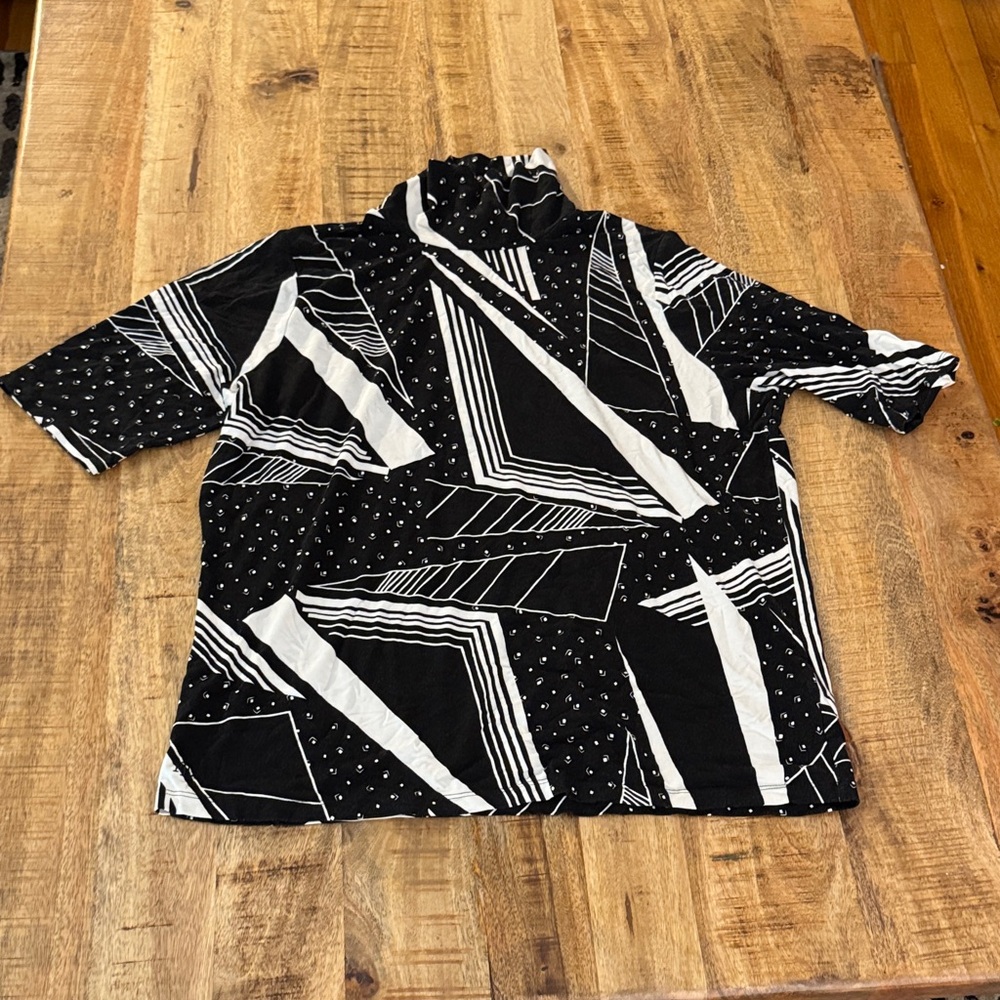 Ralph Lauren Black and White Geometric Mock turtleneck blouse top NWOT 1X